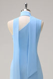 Blue One Shoulder Sheath Chiffon Bridesmaid Dress with Ribbon