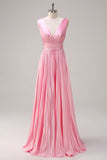 Pink Double V-Neck Pleated Satin A-Line Bridesmaid Dress