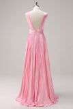 Pink Double V-Neck Pleated Satin A-Line Bridesmaid Dress