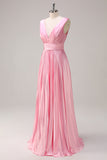 Pink Double V-Neck Pleated Satin A-Line Bridesmaid Dress