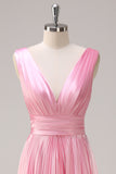 Pink Double V-Neck Pleated Satin A-Line Bridesmaid Dress