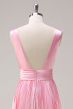 Pink Double V-Neck Pleated Satin A-Line Bridesmaid Dress