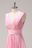 Pink Double V-Neck Pleated Satin A-Line Bridesmaid Dress