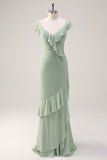 Dusty Sage V-Neck Mermaid Chiffon Bridesmaid Dress with Ruffles