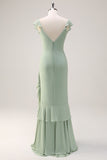 Dusty Sage V-Neck Mermaid Chiffon Bridesmaid Dress with Ruffles