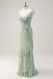 Dusty Sage V-Neck Mermaid Chiffon Bridesmaid Dress with Ruffles