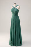 Eucalyptus Keyhole Front Twist Chiffon Pleated A-Line Bridesmaid Dress