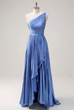 Blue One Shoulder Pleated Satin A-Line Bridesmaid Dress with Slit