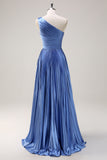 Blue One Shoulder Pleated Satin A-Line Bridesmaid Dress with Slit