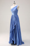 Blue One Shoulder Pleated Satin A-Line Bridesmaid Dress with Slit