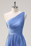 Blue One Shoulder Pleated Satin A-Line Bridesmaid Dress with Slit