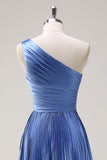 Blue One Shoulder Pleated Satin A-Line Bridesmaid Dress with Slit