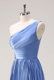 Blue One Shoulder Pleated Satin A-Line Bridesmaid Dress with Slit