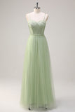 Sage Spaghetti Straps Corset Tulle A-Line Bridesmaid Dress