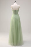 Sage Spaghetti Straps Corset Tulle A-Line Bridesmaid Dress