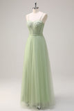 Sage Spaghetti Straps Corset Tulle A-Line Bridesmaid Dress