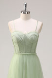 Sage Spaghetti Straps Corset Tulle A-Line Bridesmaid Dress