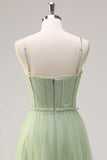 Sage Spaghetti Straps Corset Tulle A-Line Bridesmaid Dress