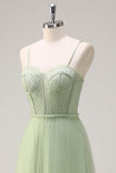 Sage Spaghetti Straps Corset Tulle A-Line Bridesmaid Dress