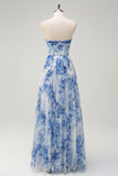 White Blue Flower Off the Shoulder Printed Bridesmaid Dress with Slit