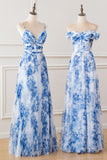 White Blue Flower Spaghetti Straps Pleated A-Line Bridesmaid Dress