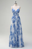 White Blue Flower Spaghetti Straps Pleated A-Line Bridesmaid Dress