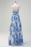 White Blue Flower Spaghetti Straps Pleated A-Line Bridesmaid Dress