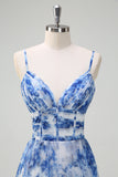 White Blue Flower Spaghetti Straps Pleated A-Line Bridesmaid Dress