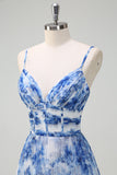 White Blue Flower Spaghetti Straps Pleated A-Line Bridesmaid Dress