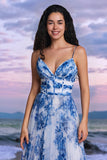 White Blue Flower V-Neck Pleated A-Line Bridesmaid Dress