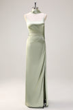 Sage Scoop Neck Sheath Satin Bridesmaid Dress with Ribbon