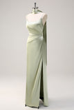 Sage Scoop Neck Sheath Satin Bridesmaid Dress with Ribbon