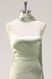 Sage Scoop Neck Sheath Satin Bridesmaid Dress with Ribbon