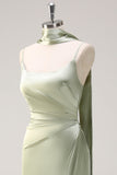 Sage Scoop Neck Sheath Satin Bridesmaid Dress with Ribbon