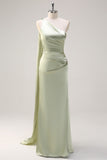 Sage One Shoulder Sheath Satin Watteau Train Bridesmaid Dress