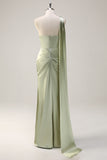 Sage One Shoulder Sheath Satin Watteau Train Bridesmaid Dress