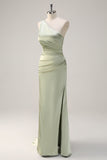 Sage One Shoulder Sheath Satin Watteau Train Bridesmaid Dress