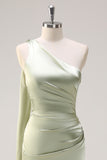 Sage One Shoulder Sheath Satin Watteau Train Bridesmaid Dress