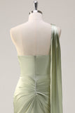 Sage One Shoulder Sheath Satin Watteau Train Bridesmaid Dress