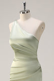 Sage One Shoulder Sheath Satin Watteau Train Bridesmaid Dress