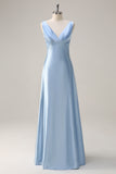 Simple Sky Blue V-Neck Satin A-Line Bridesmaid Dress