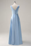 Simple Sky Blue V-Neck Satin A-Line Bridesmaid Dress