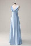 Simple Sky Blue V-Neck Satin A-Line Bridesmaid Dress