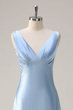 Simple Sky Blue V-Neck Satin A-Line Bridesmaid Dress