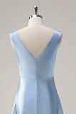 Simple Sky Blue V-Neck Satin A-Line Bridesmaid Dress