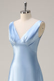 Simple Sky Blue V-Neck Satin A-Line Bridesmaid Dress