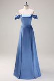 Dusty Blue Off the Shoulder Satin A-Line Bridesmaid Dress