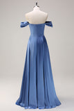 Dusty Blue Off the Shoulder Satin A-Line Bridesmaid Dress