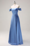 Dusty Blue Off the Shoulder Satin A-Line Bridesmaid Dress