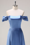 Dusty Blue Off the Shoulder Satin A-Line Bridesmaid Dress